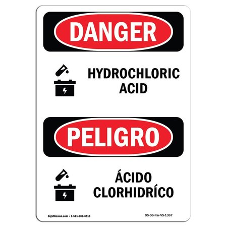 SIGNMISSION Safety Sign, OSHA Danger, 7" Height, Hydrochloric Acid Bilingual Spanish OS-DS-D-57-VS-1367